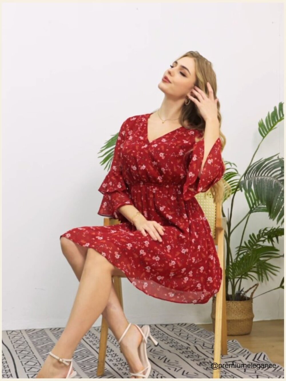 Midi Swing Dress with 3/4 Ruffle Sleeves, V-Neck, Elastic Waist, Flowy Chiffon - Picture 7 of 7
